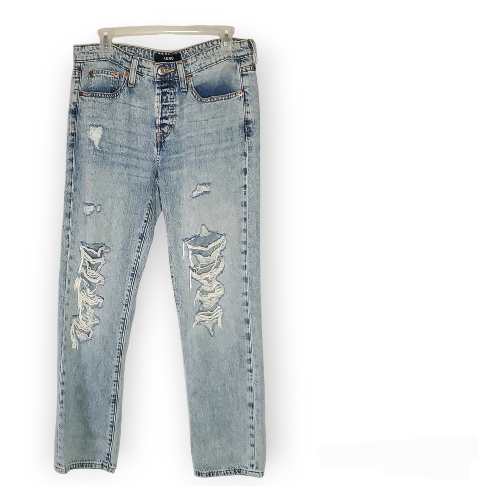 AERO Aeropostale jeans acid wash bottom fly boyfriend distressed jeans denim s…